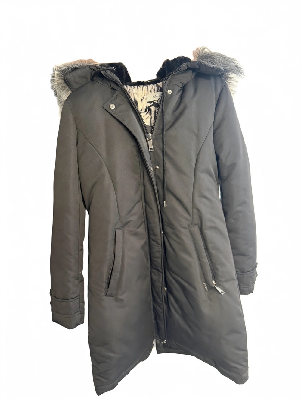 Nine West Black Faux-Fur Trim Hooded Puffer Coat